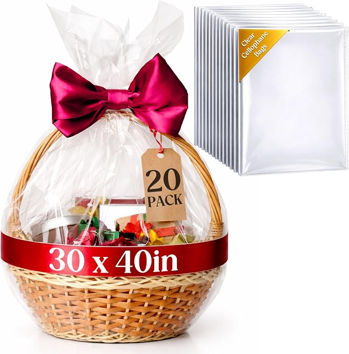 volila Large Cellophane Bags for Gift Baskets - 20 Pack (30 in x 40 in) Clear Gift Wrap for Gift Baskets, Floristry, Party Favors and Food Packaging
