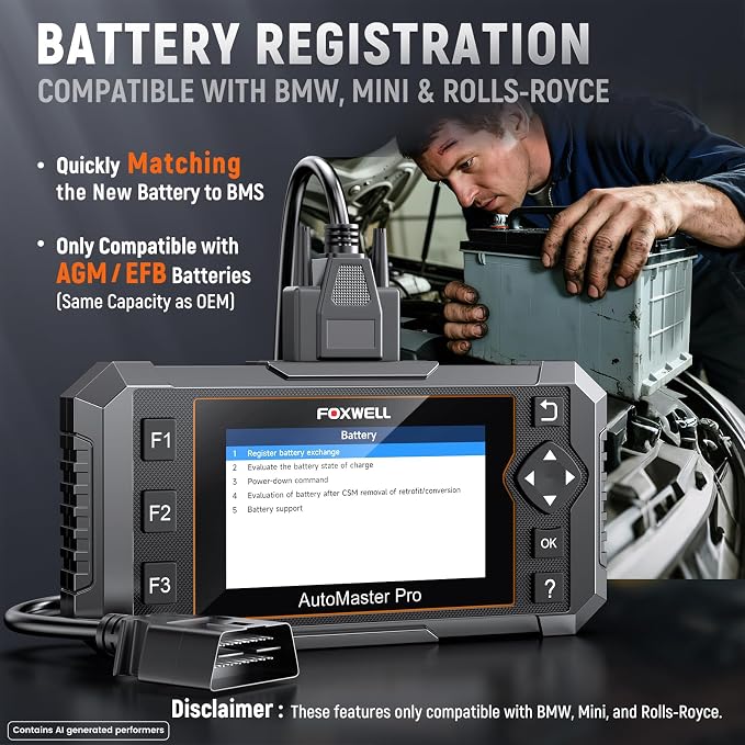 FOXWELL NT510 Pro fit for BMW 2-in-1 Diagnostic Scanner & 12V Battery Tester, Full System Bidirectional Scan Tool with All Reset Services & Battery Registration for BMW/Mini/RR (Lifetime Free Update)