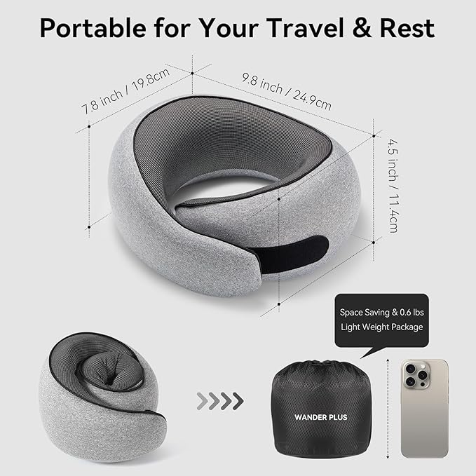 WANDER+ Plus® Travel Pillow, 100% Pure Memory Foam Travel Neck Pillow Airplane Neck Support Ergonomic Design Best for Sleeping Plane Car Train Office Flight for Adults Ash Grey