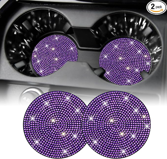 SINGARO Bling Cup Holder Coasters for Car, 2PCS Universal Non-Slip Cup Holder, Embedded Decorative Coasters, Shiny Crystal Car Interior Accessories Gifts for Women (Purple)