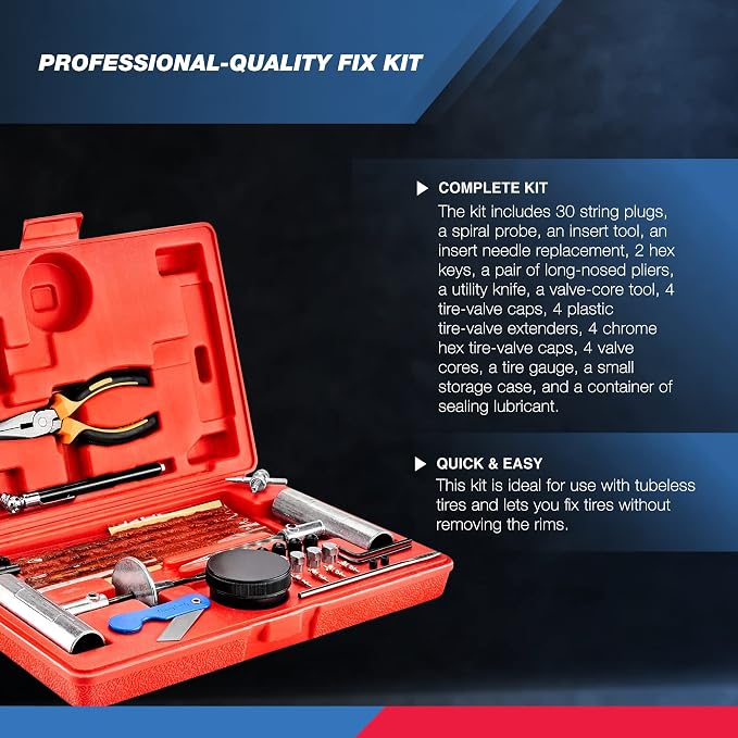 TOOLUXE 50003L Universal Heavy Duty Tire Repair Kit | 57 Piece Value Pack | Fix Punctures and Plug Flats | Ideal for Cars, Trucks, Motorcycle, ATV, Jeeps, Off Road Vehicles, RV, Tractors …