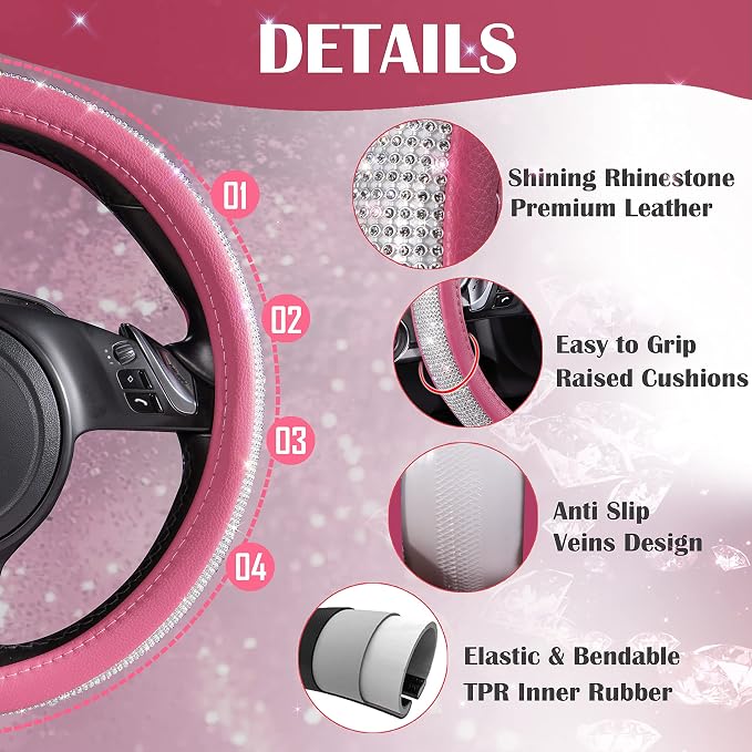 CAR PASS Bling Diamond Leather Steering Wheel Cover, with Bling Sparkly Crystal Glitter Rhinestones Universal Fit 13" 1/2-14" Car Wheel Protector for Women Girl Fit Suvs,Vans,Sedans,Car,Trucks, Pink