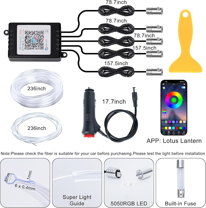 Interior Car LED Lights, 5 in 1 RGB Ambient Lighting Kit with 236" Fiber Optic, 16 Million Colors, APP Control, Music Sync Car Neon Lights for Cars, Trucks, SUVs