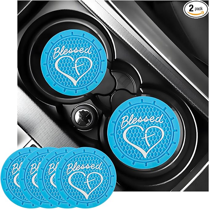 KVAEY 2 PCS Car Cup Holder Coasters, 2.76 Inch Anti Slip Vehicle Drink Mats with Cute Blessed Cross and Heart, Shockproof, Universal Car Accessories (Sky Blue, 4 PCS)