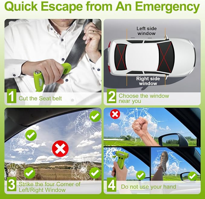 Car Safety Hammer, 3 in 1 Emergency Escape Tool with Window Breaker and Seat Belt Cutter, Window Glass Hammer, Road Trip Essential and Must Haves (Pink and Green)