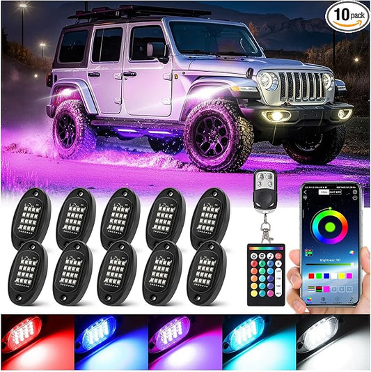 10 Pods RGB LED Rock Lights for Jeeps Trucks Golf Cart Offroad ATV UTV RZR SXS, Waterproof Multicolor Underglow Kit with Dual Zone Brake, Neon Underbody Light with App Remote Control Music Sync 12V