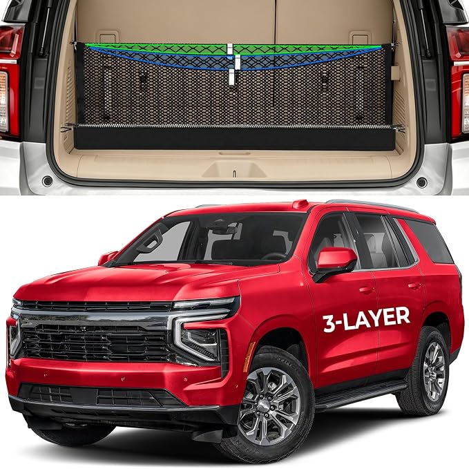 Zoned Storage Cargo Net for Tahoe/Suburban/GMC Yukon/Cadillac Escalade | 2015-2026, 3-Layer Trunk Net for SUV with Zipper Bag, Heavy Duty Trunk Organizer Nets, Zoned Storage for Campings& Daily Use