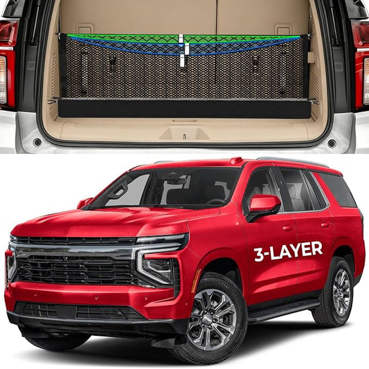 Zoned Storage Cargo Net for Tahoe/Suburban/GMC Yukon/Cadillac Escalade | 2015-2026, 3-Layer Trunk Net for SUV with Zipper Bag, Heavy Duty Trunk Organizer Nets, Zoned Storage for Campings& Daily Use