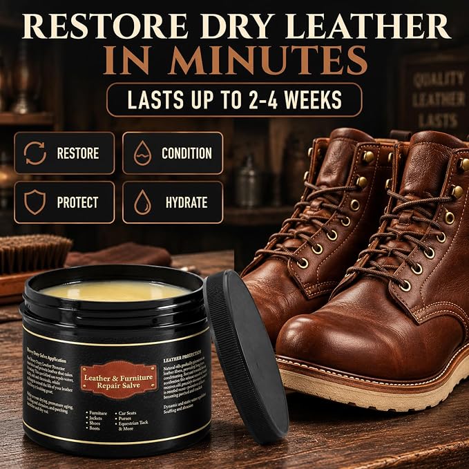 Leather Conditioner and Cleaner Balm for Furniture, Couch, Car Seats, Boots and Bags - Professional Leather Restorer with Natural Beeswax - Deeply Nourishes, Protects and Restores Shine (8oz)