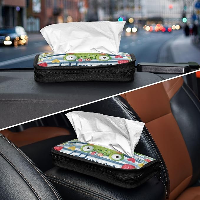 Happy Blue Striped Frog Floral Strawberry Car Tissue Holder Durable Napkin Holder Hanging Tissue Holders Case Car Tissues Bag for Sun Visor Seat Back Universal Auto