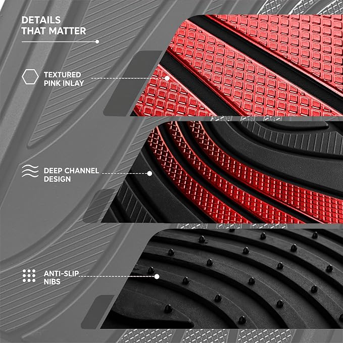Road Comforts Car Floor Mats Full Set – Front & Rear Car Floor Mats with Aluminum Design, Anti-Slip Backing, All-Weather Protection, Trim-to-Fit Car Mats for Most Sedans, SUVs & Vans - Red