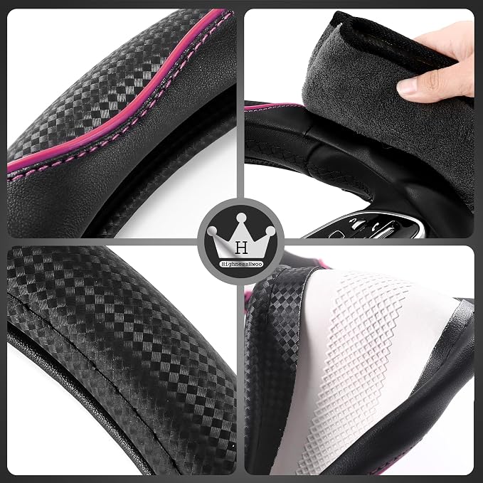 HighnessHwoo 3D Car Steering Wheel Cover Comfort Grip Massage Sporty Anti-Slip Carbon Fiber Faux Leather for F150, Trucks, Jeep, Van, Car Handle Covers for All Seasons, 15.2-16in, Pink