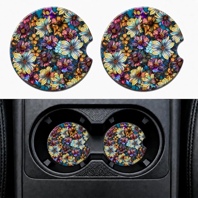 2Pack Car Cup Holder Coasters Absorbent Ceramic Coaster 2.56" for Women & Men Car Accessories Flower Purple