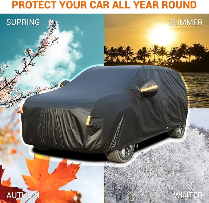 Tecoom Waterproof All Weather SUV Car Cover, Cotton Lined with Lock & Zipper Door, UV Snow Wind Dust Hail Storm Protection, Full Outdoor Cover Fit for SUV (216"–230"), Black