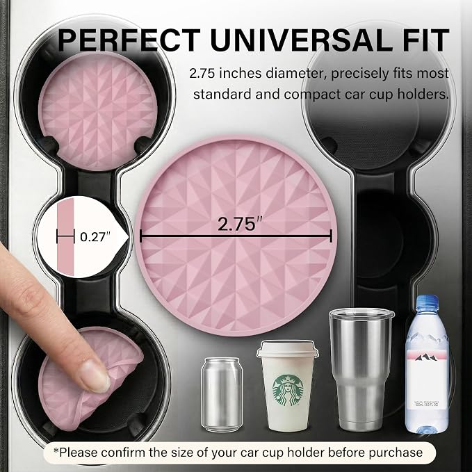 Car Coasters Silicone[4 Pack] 2.75in Universal Mats Non-Slip, Embedded Interior Car Accessories, Car Cup Holders Insert Coasters Decor，Soft Pink