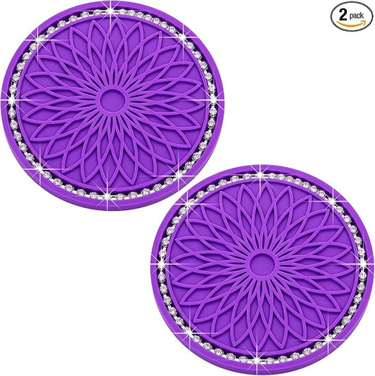 2PCS Bling Car Cup Holder Coasters, 2.75 Inch Silicone Anti-Slip Insert, Bling Shockproof Cup Mat for Women Girls, Universal Fit for Most Vehicles (Purple & White)