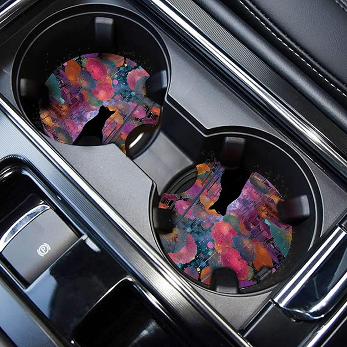 WOCOCN Car Coasters,Cup Holder Coasters for Car,2.75inch Anti Slip and Absorbent,Cute Automotive Interior Accessories for Cup Holder,Pack of 2 (Colourful Cat)