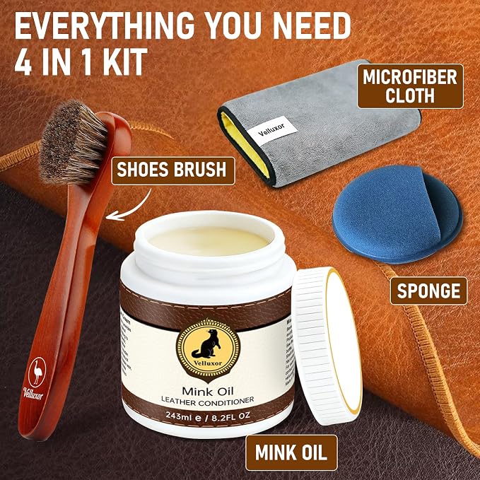 4-in-1 Natural Mink Oil 8.2oz Leather Cleaner and Conditioner, Premium Waterproof Soften Restore Formula – Leather Cleaner & Protector for Boots, Shoes, Jackets, Car Interiors, Saddle, Bags