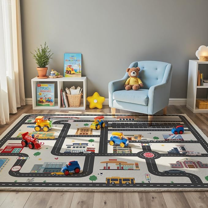 Nayoroom Kids Car Road Playroom Rug, Faux Wool City Map, Non-Slip, 5 x 7 ft | Interactive city road map; Car-friendly routes; Soft faux wool surface; Non-slip backing; Easy-care room accent
