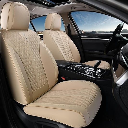 Coverado Seat Covers Front Seats, Waterproof Car Seat Covers, Luxury Leather Seat Covers for Cars, Automotive Seat Covers Leather Seat Cushion Protector Universal Fit Most Cars SUVs Trucks, Beige