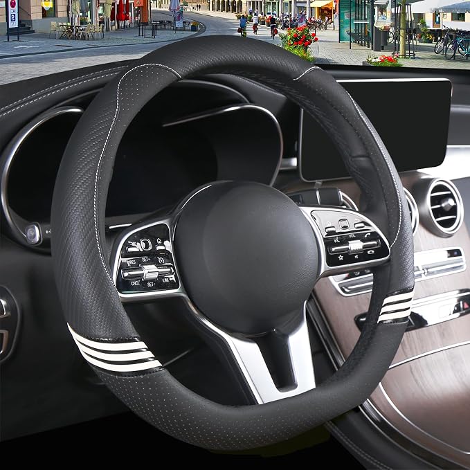 15 inch Cute Leather D Shape Steering Wheel Cover Black | Breathable Faux Leather and Carbon Fiber Flat Bottom Car Accessories for Women Men Universal 14.5 inch to 15 inch