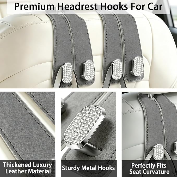 Car Hooks for Headrest: 2Pc Car Seat Back Storage Headrest Hook - Premium Leather Double Metal Hook - Purse Hook For Car Headrest - Car Headrest Hooks for Purses, Handbags, Bags - Grey Diamond