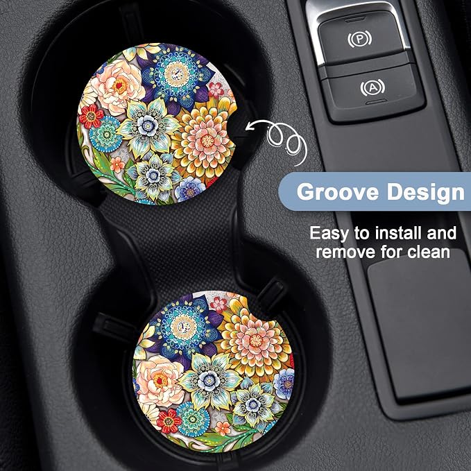 Nipichsha Car Coasters for Cup Holders, 2 Pack Absorbent Ceramic Car Cup Holder Coaster for Drinks, Cute Auto Assecories for Women Men, Size 2.56 in with Finger Notch & Cork Base, Colorful Mandala