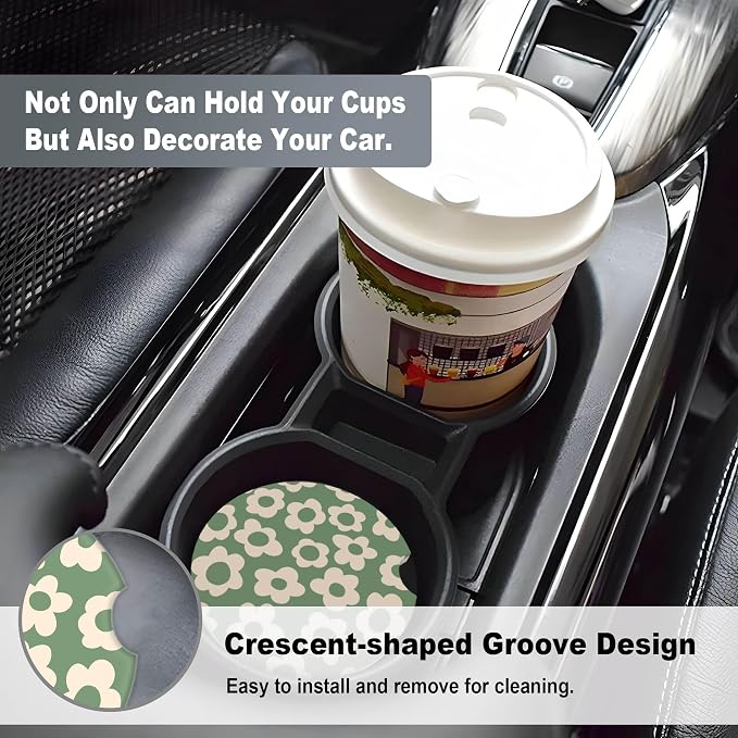 2 Pack Car Coasters for Cup Holders, 2.56" Universal Absorbent Ceramic Stone Car Cup Holder Coasters with Non-Slip Cork Base, Car Interior Accessories for Women Men(Vintage Groovy Flowers)