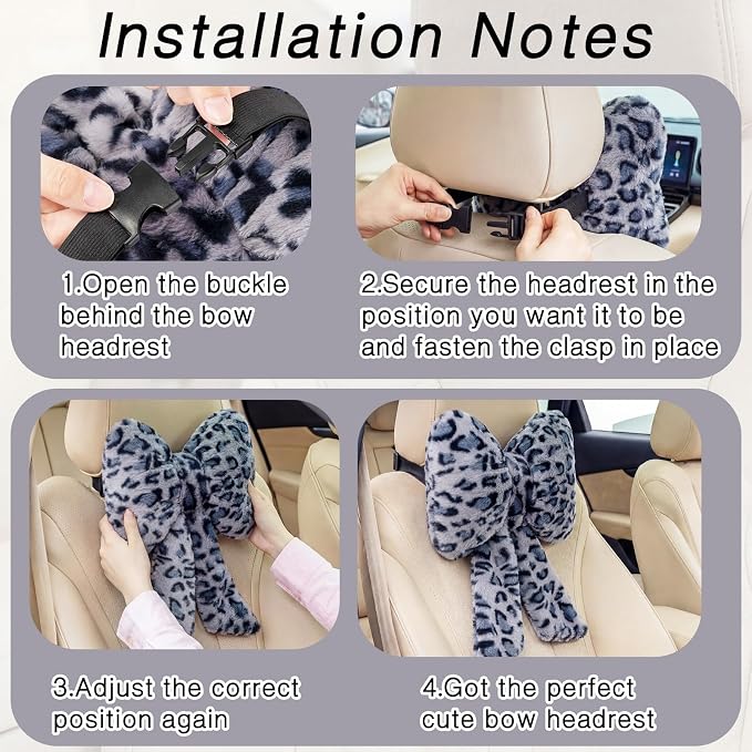 Macarrie 2 Pcs Car Neck Pillow Plush Butterfly Bow Car Headrest Pillow Comfortable Seat Neck Support Cute Head Rest Accessories for Driving Travel Driver Chair Girl Interior Decor(Blue,Leopard)