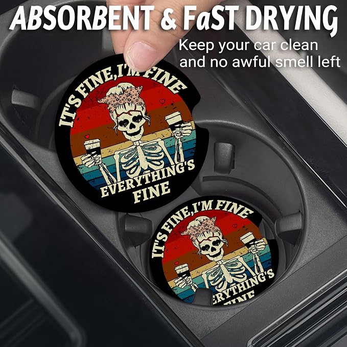 Yonlevres Car Coasters for Cup Holders，2.75" Anti Slip Rubber Mat with A Finger Notch, 2 Pack Car Cup Holder Coasters for Car Interior Accessories for Women Men Skeleton Skull