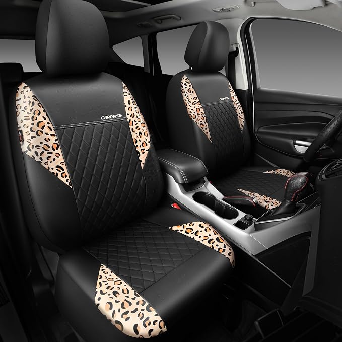 CAR PASS Leather Leopard Two Front Seat Cover Only, Universal Quilting Waterproof Deluxe PU Premium Vinyl Luxury Car Seat Cover Airbag Compatible for Most Sedan,SUV,Truck(Two Front, Brown Leopard)