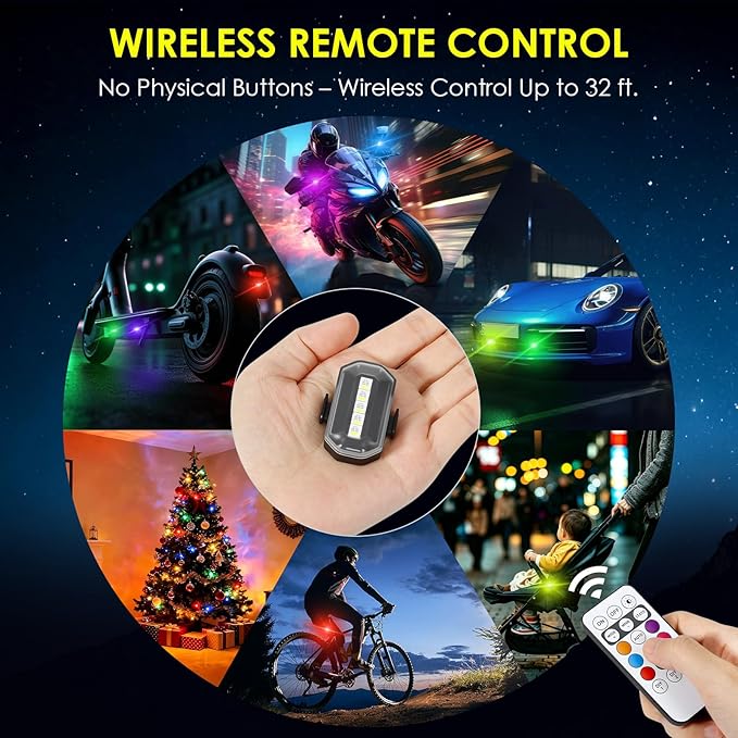Upgraded 6PCS Wireless Strobe Lights for Car Motorcycle Bike Remote Bright 5 LEDs Anti Collision Lighting USB-C Rechargeable RGB Mini Exterior Warning Flashing Interior Ambient Light IP67 Waterproof