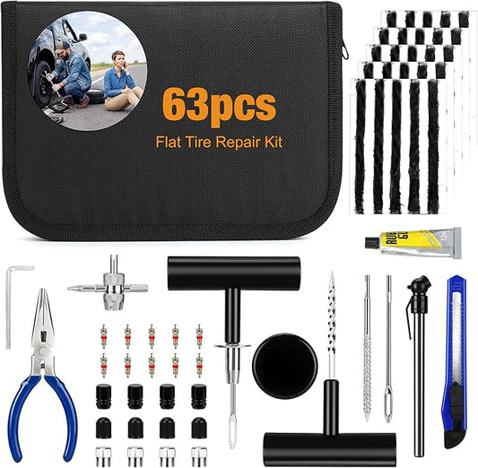 63PCS Flat Tire Repair Kit, Tubeless Tire Repair Kit, Tire Plug Kit Heavy Duty Professional, Emergency Tire Fix Tool for Car, Motorcycle, ATV, Tractor, RV, Truck