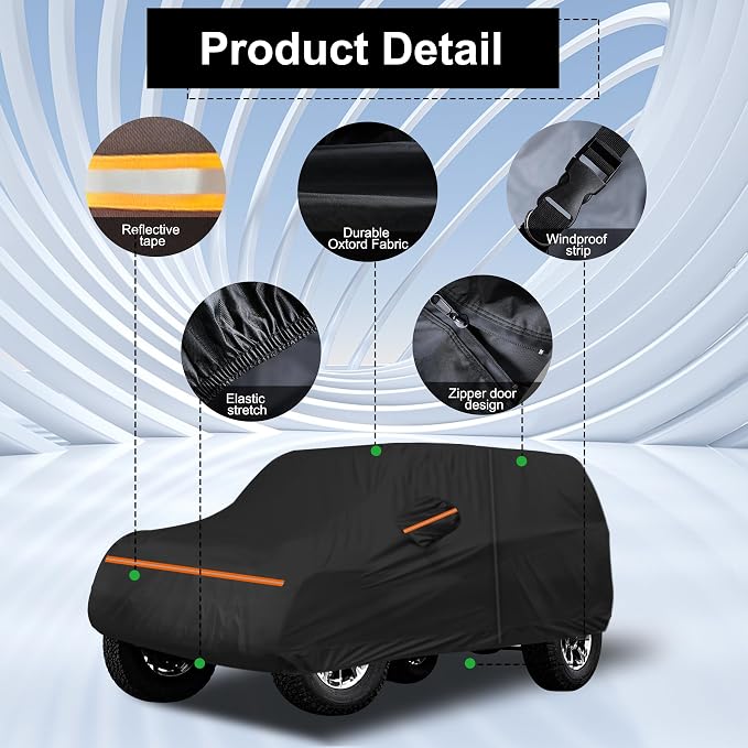 Amooca Heavy-Duty Car Covers Custom Fit for Jeep Wrangler 4 Door 2007-2024 Waterproof Sun-Proof All Weather for Automobiles Snow Cover 420D with Door Zipper Cotton Lining