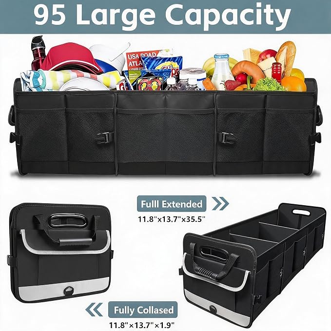 Car Trunk Organizer,Heavy Duty Collapsible 95 L Capacity Car Trunk Storage Organizer,Multi-Compartment Pockets, Adjustable Straps - Ideal for Travel, Camping, Shopping,Perfect for SUV, Truck, Sedan
