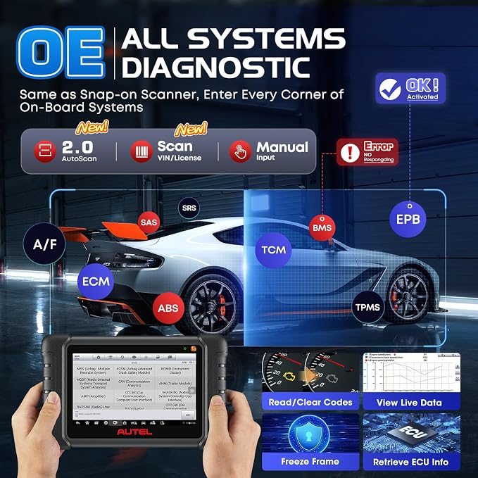 Autel Scanner MaxiCOM MK900BT: 2026 8in MK900-BT V2.0 Bidirectional Scan Tool, 33ft BT Ver. of MK900 MX900 MK808S MK808BT PRO MX808S MK808Z, 40+ Service, 3K+ Active Tests, DOIP CANFD, All System, FCA