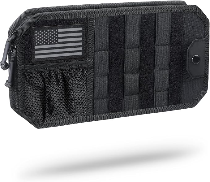 WYNEX Molle Car Sun Visor Organizer, Car Accessories with Zip Storage Pouch & Glasses Holder, Semi-Rigid Molle Panel with Patch for Tactical Gears, Fits Most Cars, Trucks, Pickups, Patrols