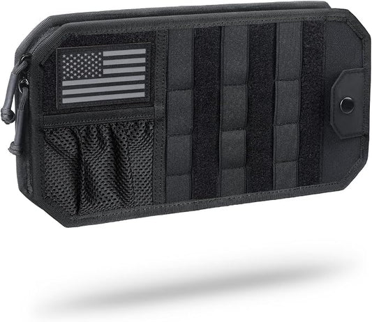WYNEX Molle Car Sun Visor Organizer, Car Accessories with Zip Storage Pouch & Glasses Holder, Semi-Rigid Molle Panel with Patch for Tactical Gears, Fits Most Cars, Trucks, Pickups, Patrols