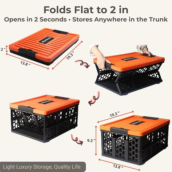 Mymazn Trunk Organizer Plastic for Car, Orange | Collapsible Crate Storage, With Lid, Waterproof Bag, Optional Insulated Cooler, For SUV, Groceries, Camping