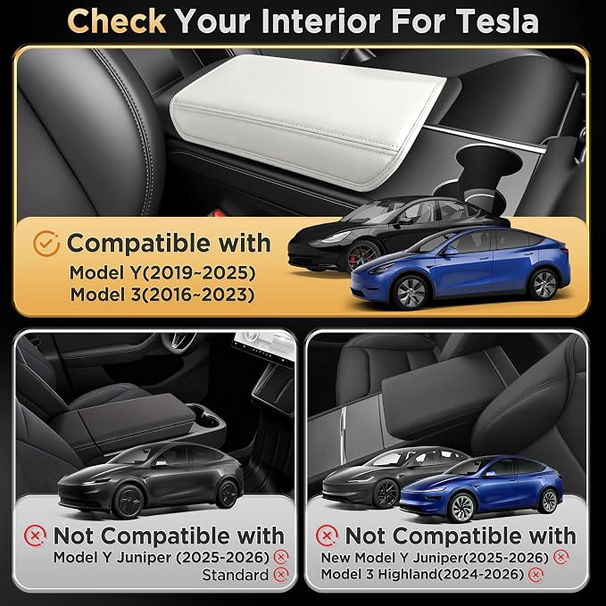 for Tesla Model Y (2020-2024) & Model 3(2021-2023) Leather Center Console Cover [Soft Touch & Match Seat Color] Armrest Cover for Tesla Model 3 & Model Y Accessories White