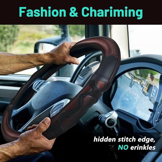 DaisyInner 17.5-18 Inch Steering Wheel Cover for Semi Truck No-Slip & Comfy Grip for Semi Trucks, Rv, Big Rig and 18 Wheelers(Mesh A,Leather,Burgundy)