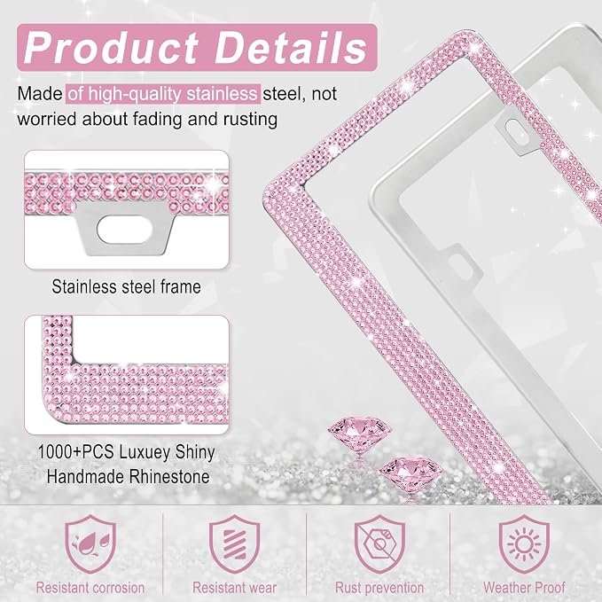 Amiss Bling License Plate Frame for Women, 1Pack Rhinestone Handcrafted Crystal Premium Stainless Steel, Stainless Steel Car Accessories with Diamond Sparkle Glitter Caps (Pink)