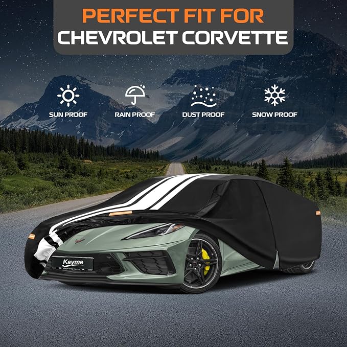 Kayme Chevrolet Corvette Car Cover Waterproof All Weather, Custom Fit for Corvette Coupe Convertible Targa C4/C5/C7/C8 (1968-2026), Full Exterior Cover with Tape/Towel, Rain Snow Sun UV Protection.