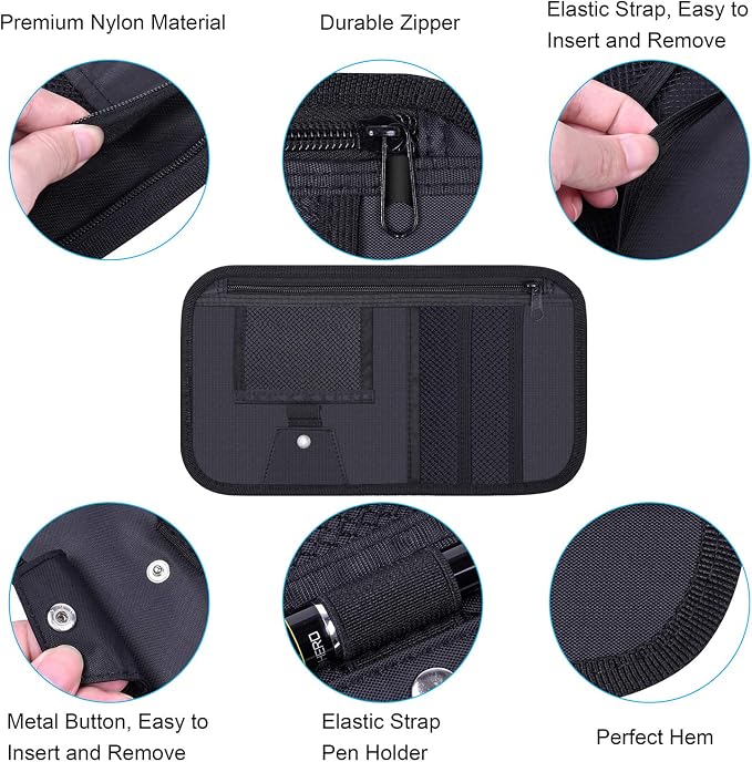 Car Sun Visor Organizer, Wisdompro Vehicle Interior Accessories Storage Pouch Auto Registration Holder with Elastic Strap for Sunglass, Documents, Cards, Pen, Drivers License, etc. (Black)