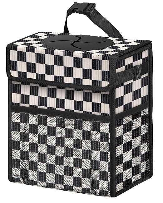 Corduroy Car Trash Can with Lid and Mesh Pockets - Leakproof Organizer,Multipurpose Waterproof Garbage Can/Trash Bin for Car(Black and White Check-3 Gallons)
