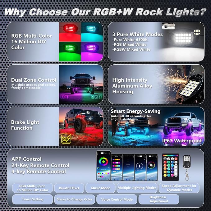 16Pods Heavy Duty Aluminum RGBW LED Rock Lights Kit for Trucks Pickup Jeep Gladiator Off-Road, APP/RF Remote, Plug&Play Pre-Wired, IP67 Waterproof Multicolor Dual Zone 12V Underglow Accent Lights