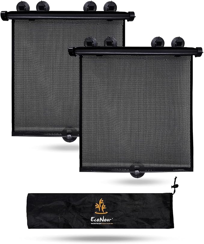 EcoNour Car Window Covers for Baby (2 Pack) | Retractable Car Window Shades for Protecting Kids, Passengers & Pets from Harmful Sun Rays | Window Sun Shade for Trucks, SUVs | (22”x24”)