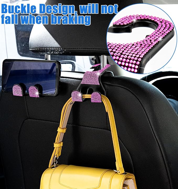 Bling Car Purse Hooks 2Pcs, Rhinestones Car Headrest Hook Backseat | Double-Hooks,Holds 44Lbs,Wide-Opening,Durable Nylon,Car Seat Hook,Purse Holder,Bling Car Accessories for Women-Black