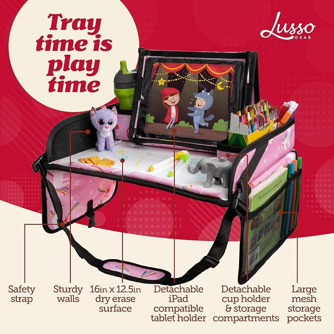 Lusso Gear Travel Car Seat Tray - Dry Erase Board & Secure Tablet Holder for Toddler Travel - Durable 600D Oxford Cloth with Snack & Toy Compartments for Road Trip Essentials for Kids - Pink Unicorn