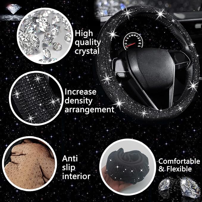 NBTEPEM 27 PCs Black Bling Car Accessories Set for Women, Steering Wheel Covers Universal Fit 15 Inch, Bling License Plate Frame, Bling Phone Holder, Bling Car Coasters (Black Diamond)